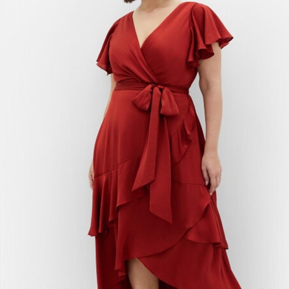 NWT City Chic Toffee Red Flirty Jen Faux Wrap Ruffle High Low Maxi Dress Sz 16/S